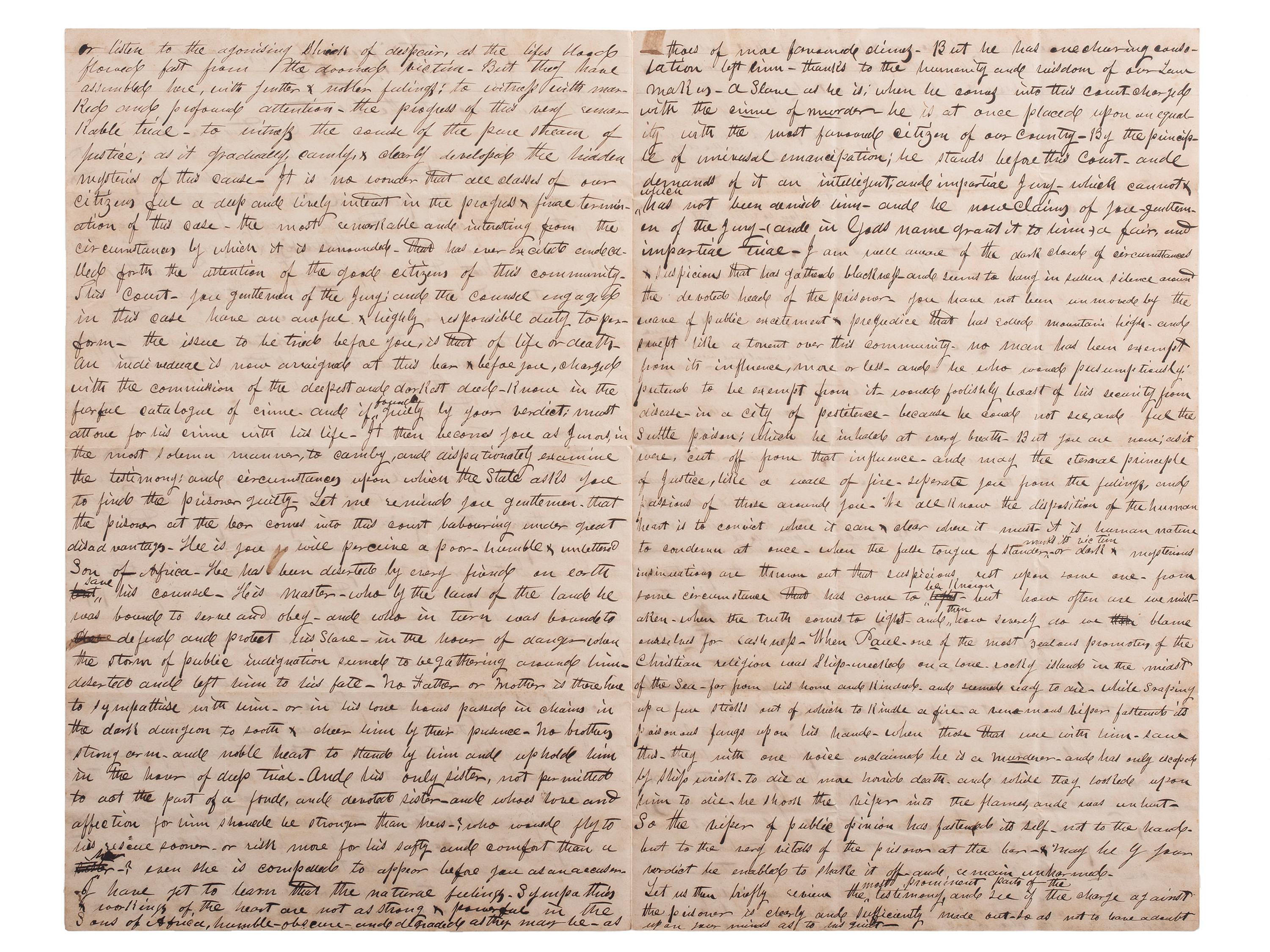 [SLAVERY & ABOLITION]. Manuscript trial speech given by M.B. King in defense of Skelt Greer, an enslaved man convicted of murder.