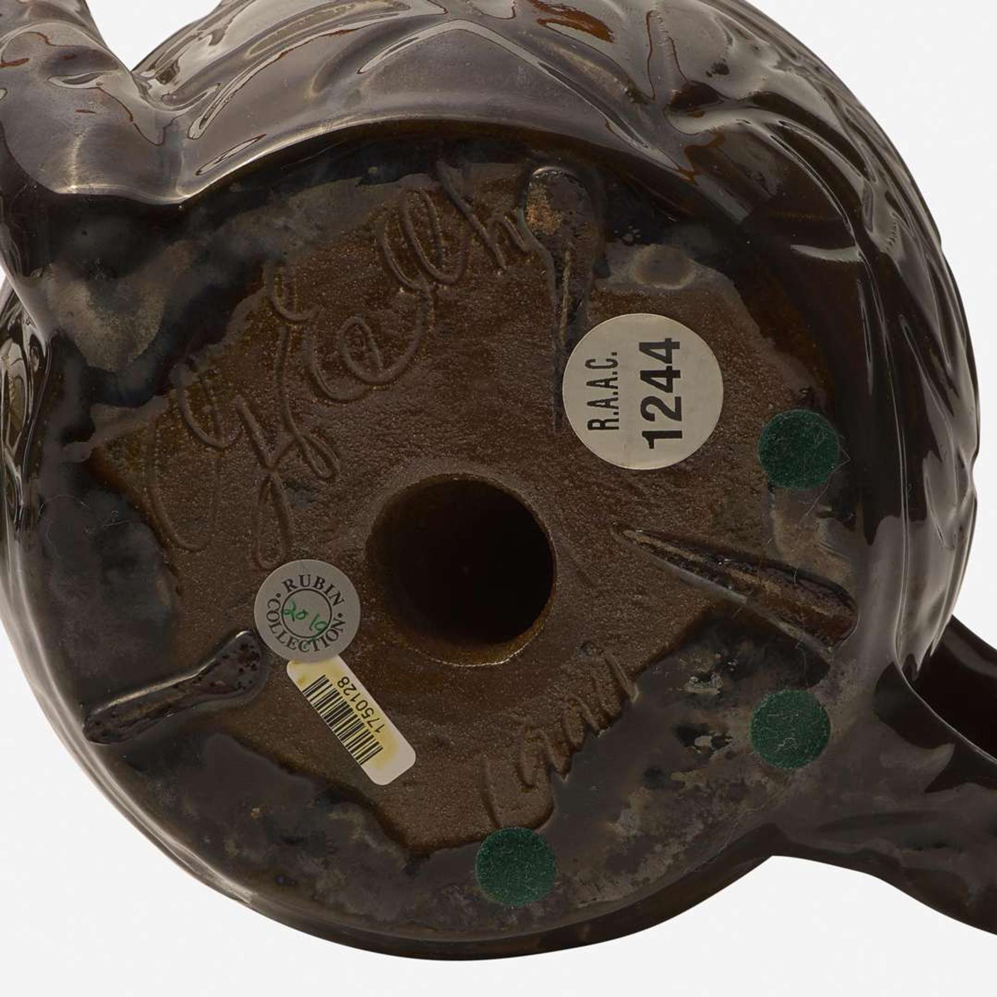 George Ohr (American, 1857-1918) Cadogan Teapot with Branch Pattern in Cobalt, Mottled Brown, and Olive Glaze, Biloxi, Mississippi, USA, 1900