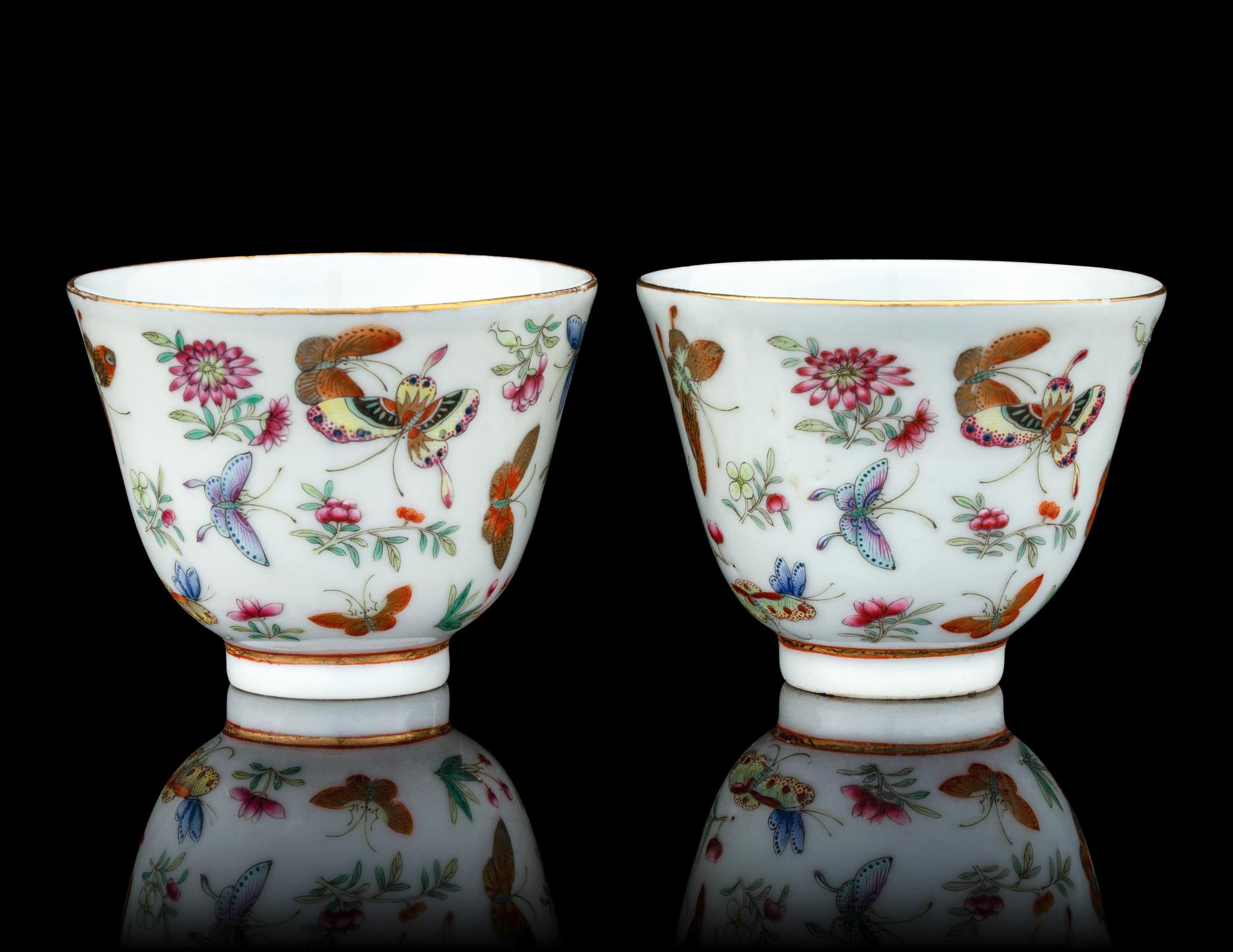 A Pair of Famille Rose Porcelain 'Butterfly' Cups