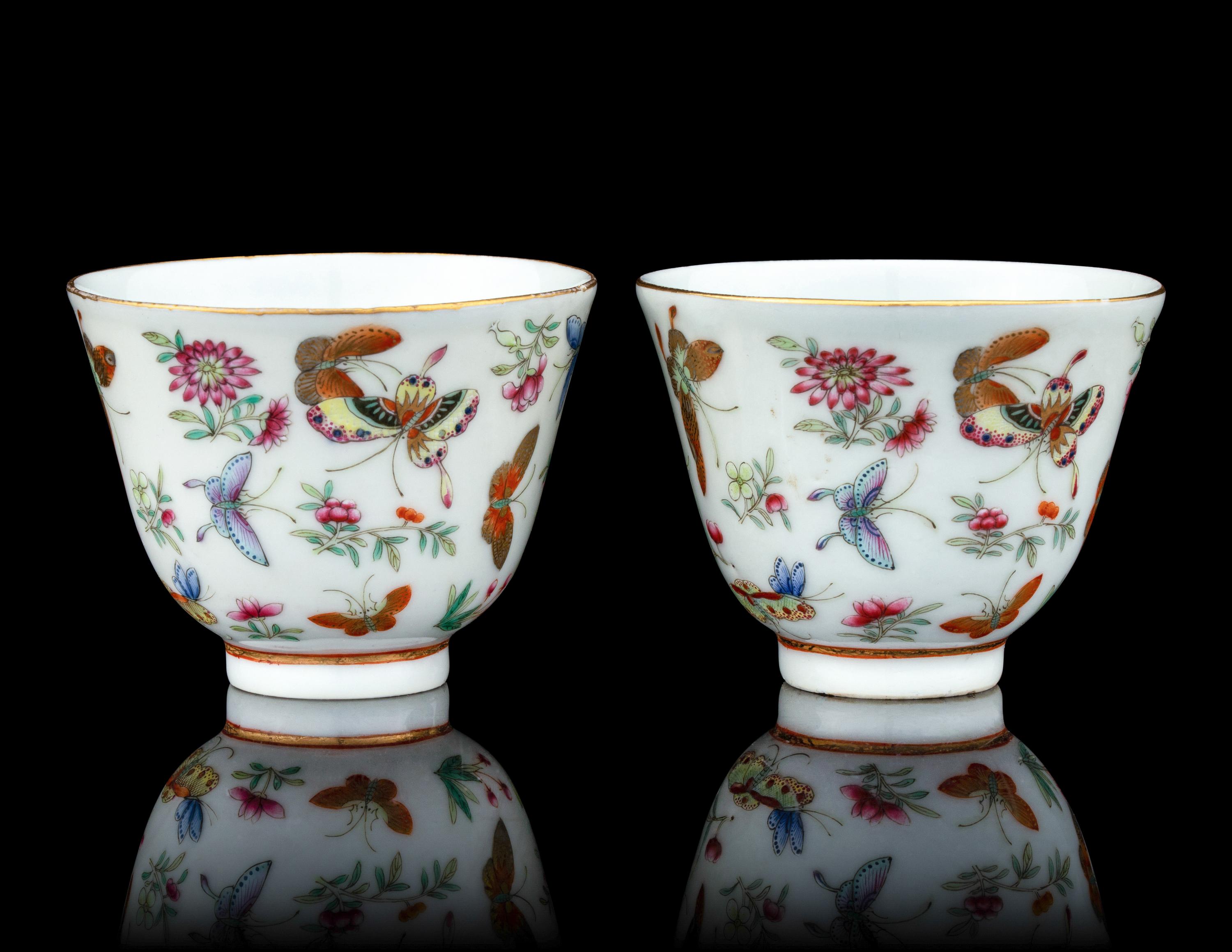 A Pair of Famille Rose Porcelain 'Butterfly' Cups