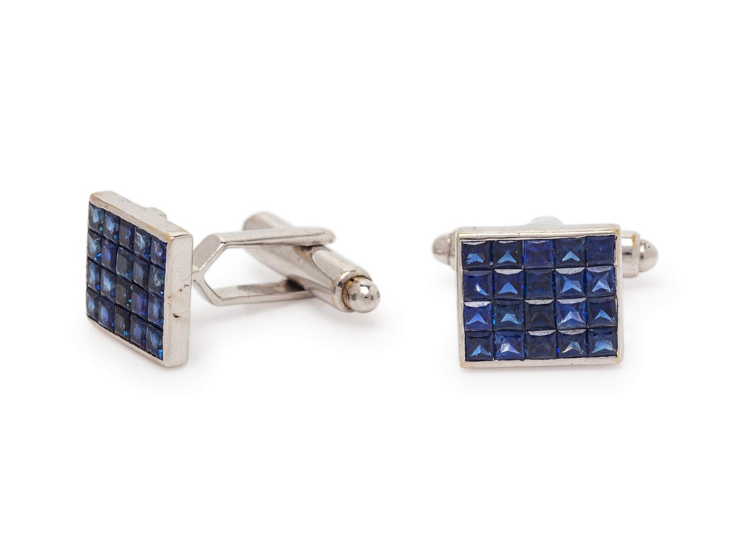 A Pair of White Gold and Sapphire Cufflinks,