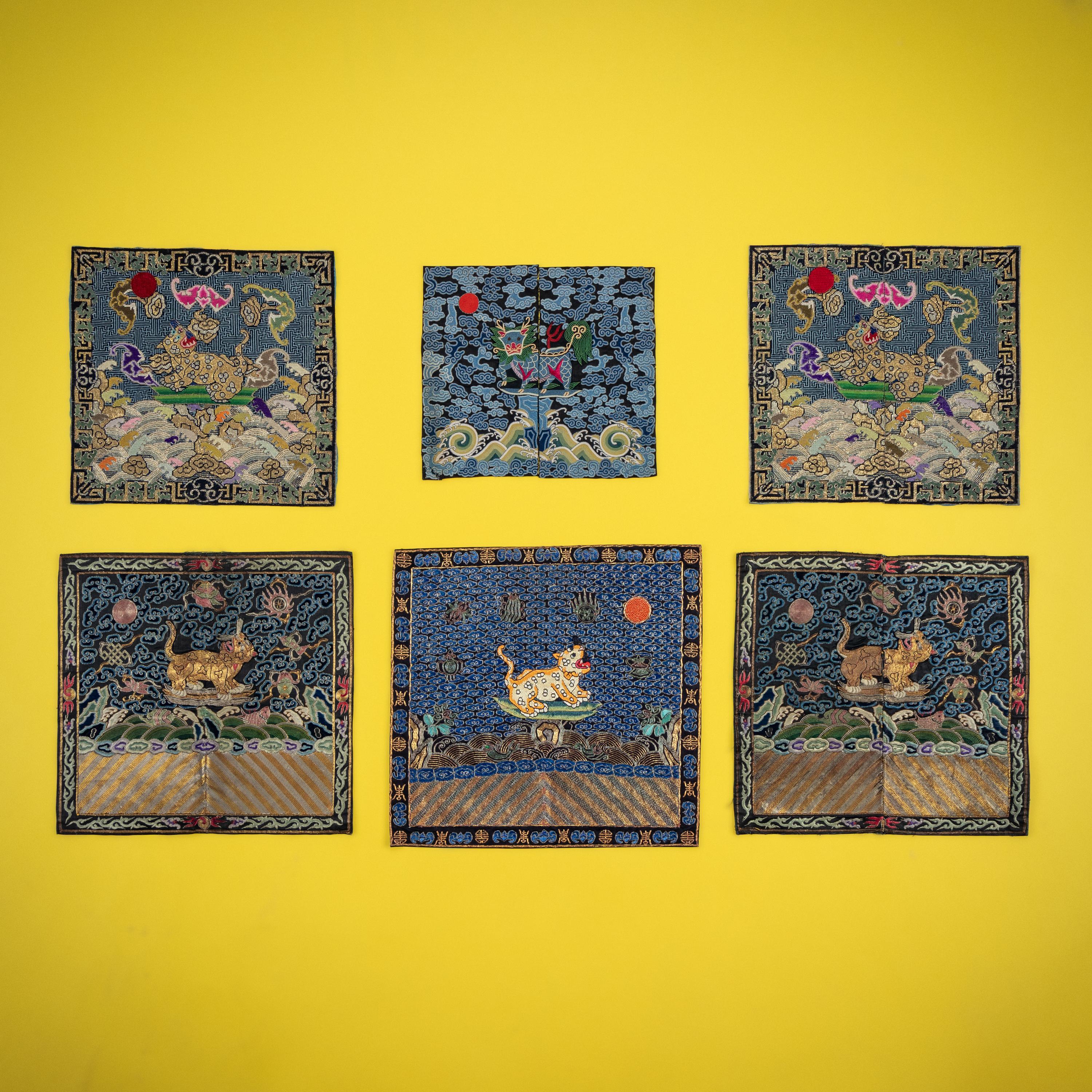 Six Chinese Embroidered Silk Military Rank Badges, Late 19th-Early 20th Century — 晚清-民國 刺綉武官補子六種