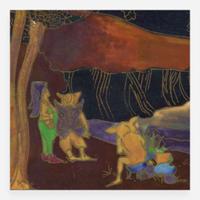 A Wedgwood Black Fairyland Lustre "Picnic by a River" Plaque UK, circa 1920
