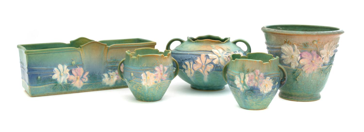 Five Roseville Cosmos Pottery Articles Width of first 10 1/2 inches.