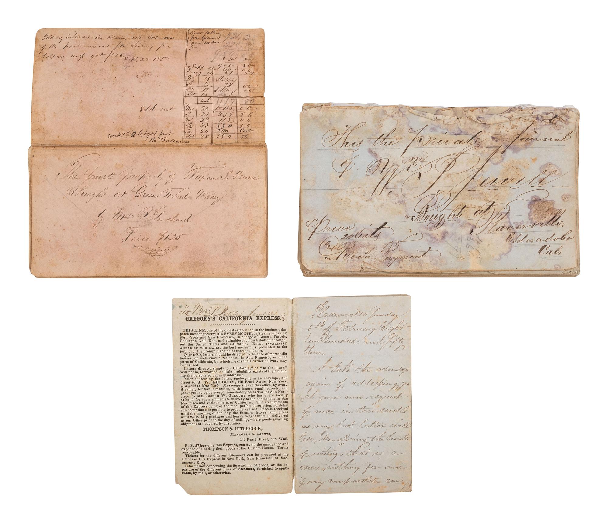 [GOLD RUSH]. Extensive California Gold Rush archive of William J. Jewell (1818-1885) including letters, diaries, and photographs, ca. 1852-1853.