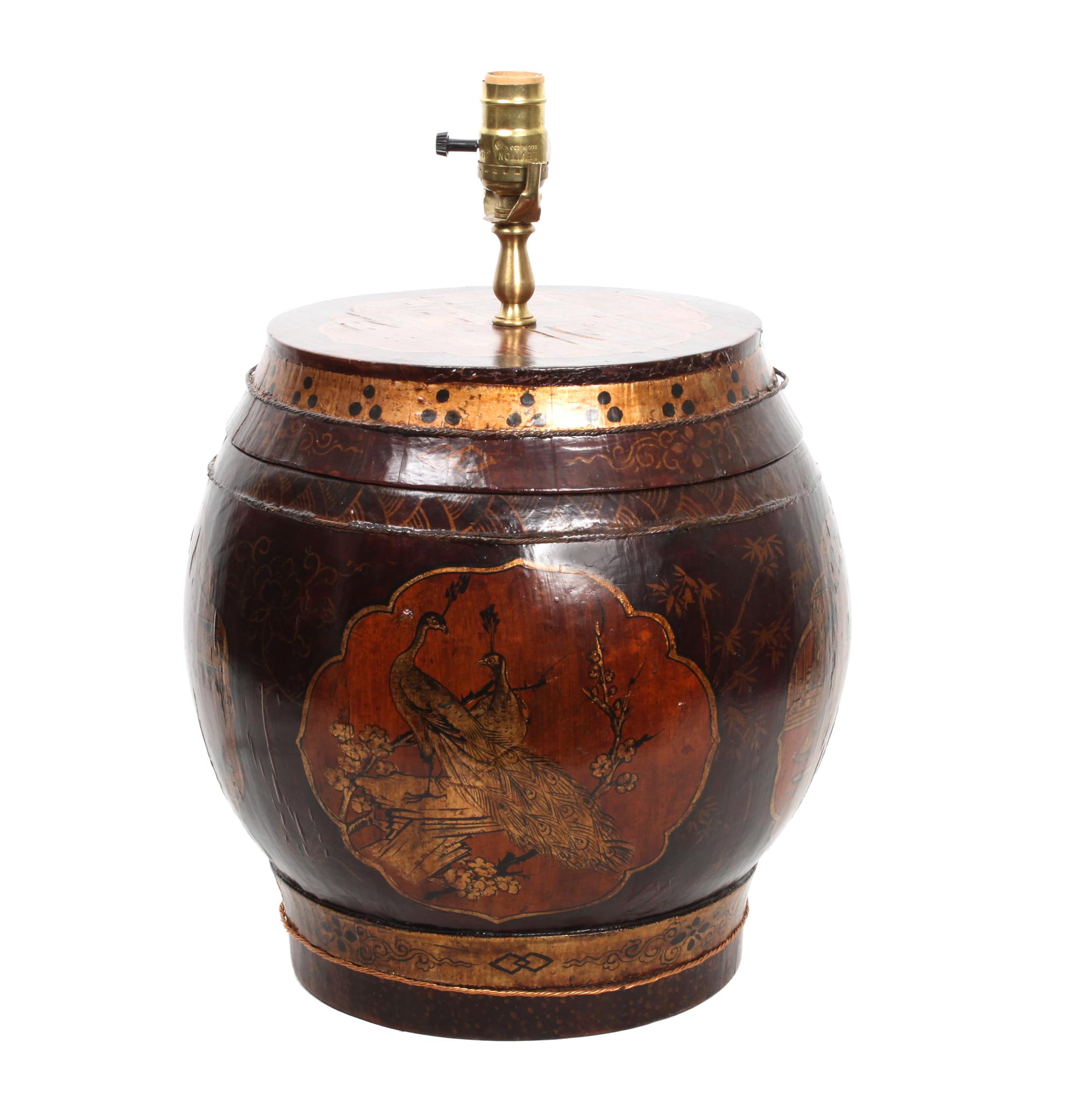 A Chinese Painted Wood Rice Barrel Height 14 x diameter 12 inches