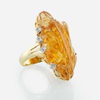 A 14K Yellow Gold, Citrine, and Diamond Ring