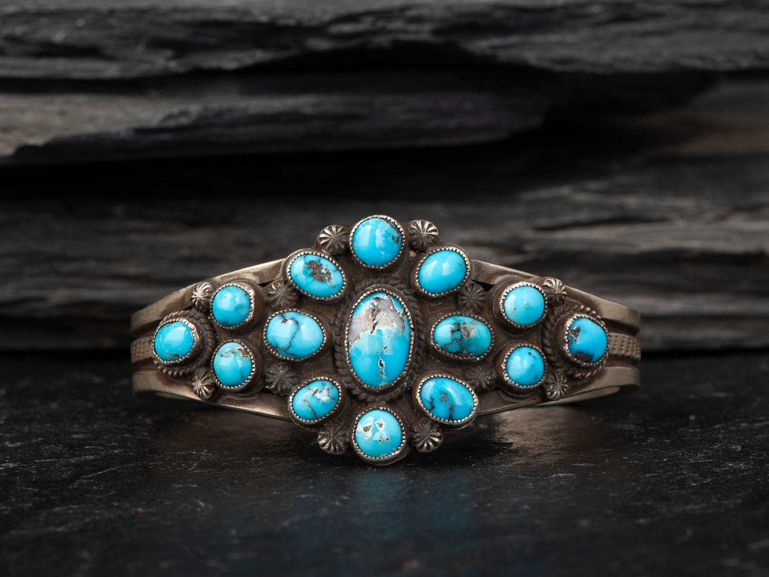 Sterling Silver and Turquoise Cluster Cuff Bracelet