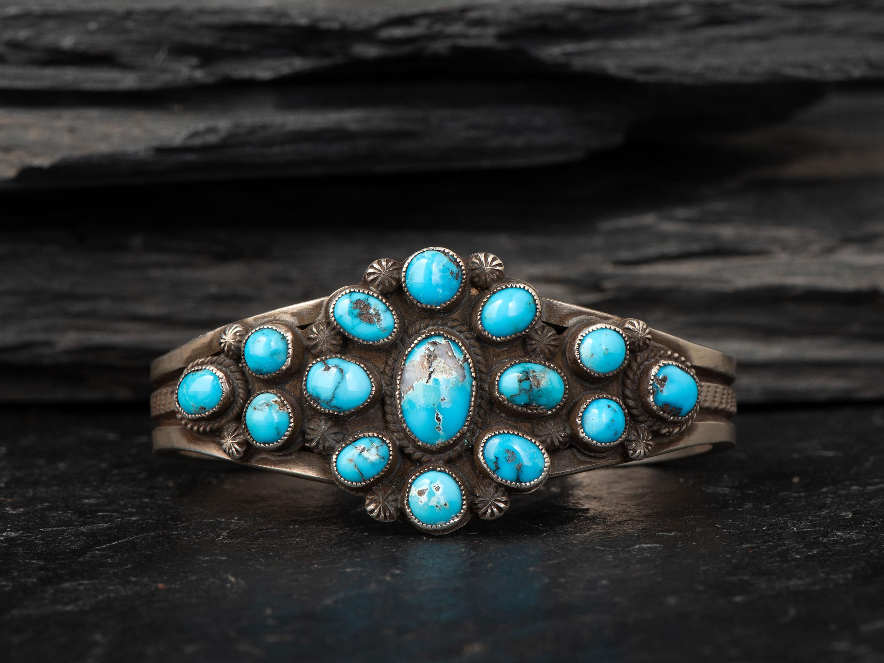 Sterling Silver and Turquoise Cluster Cuff Bracelet