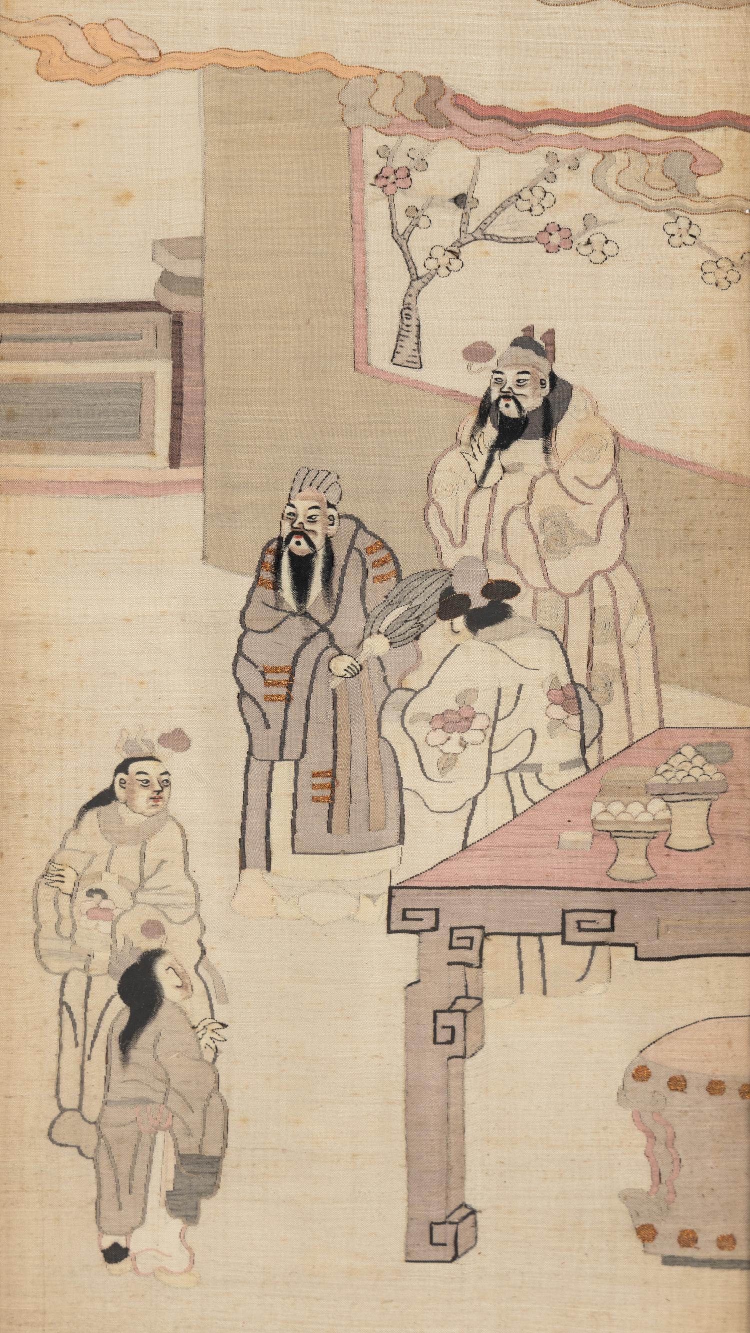 A Chinese Four-Fold Kesi Woven Silk Inset Hardwood Floor Screen, Late Qing/Republic Period 晚清/民國 紅木嵌緙絲人物故事圖四條屏
