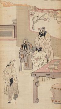A Chinese Four-Fold Kesi Woven Silk Inset Hardwood Floor Screen, Late Qing/Republic Period 晚清/民國 紅木嵌緙絲人物故事圖四條屏