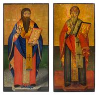 A Pair of Eastern European Ecclesiastical Painted Panels Height 37 x width 17 1/2 inches. — 19TH CENTURY