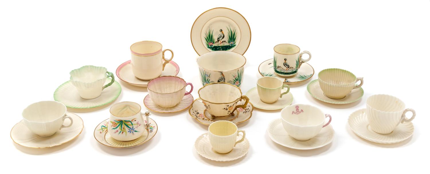 Eleven Belleek Teacup and Saucer Sets Height of tallest cup 3 1/8 inches. — FIRST BLACK MARK THROUGH THIRD BLACK MARK (1863-1946)
