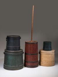 Four Painted Wood Firkins and a Wooden Butter Churn