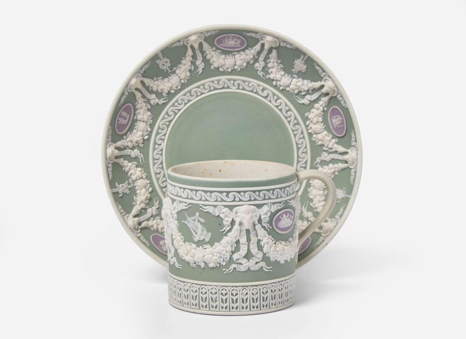 A Wedgwood Tricolor Jasperware Can Cup and Saucer, UK, late 19th century