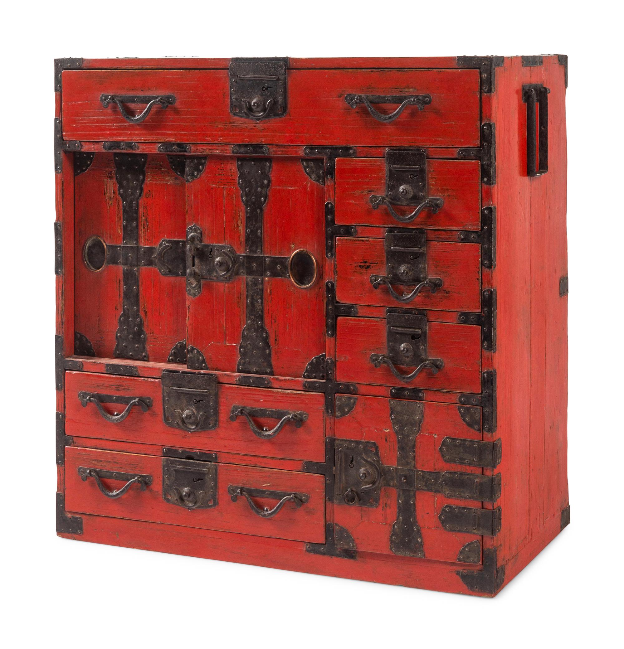 A Korean Red Lacquered Tansu Cabinet