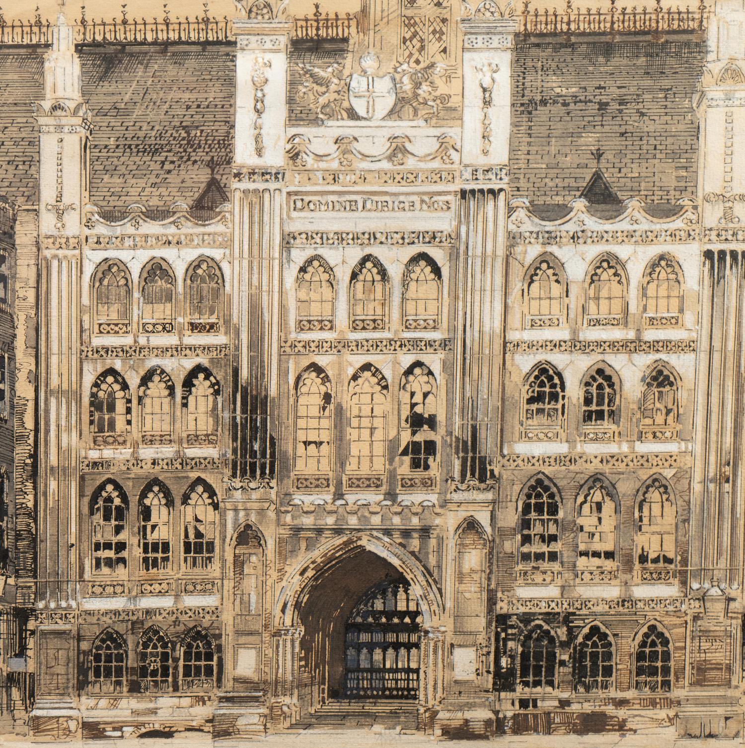 Two Ink and Gouache Illustrations of Architectural Views