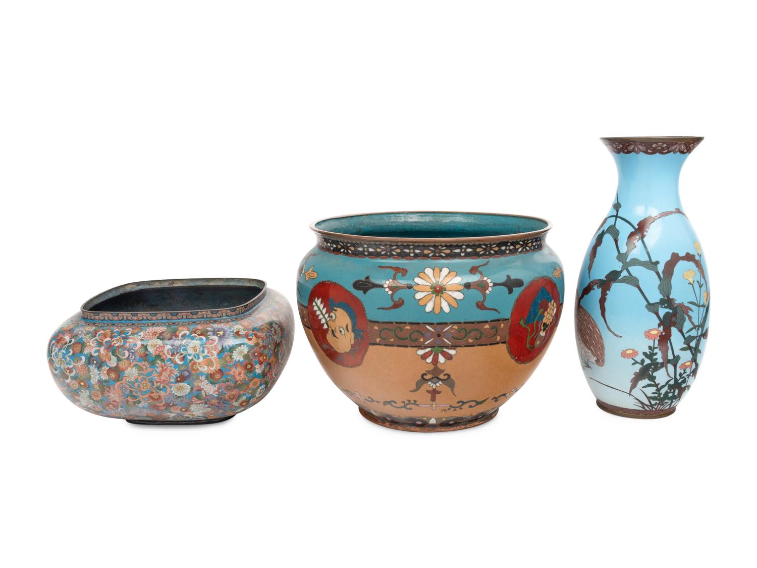 Three Japanese Blue Ground Cloisonné Vessels