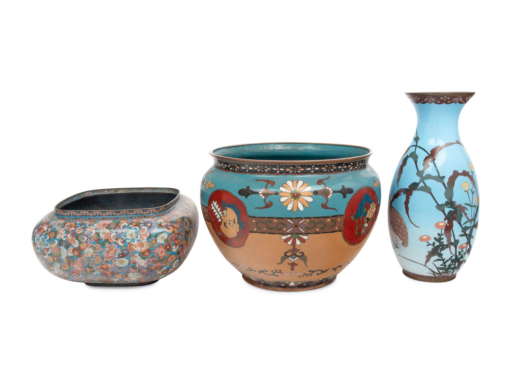 Three Japanese Blue Ground Cloisonné Vessels