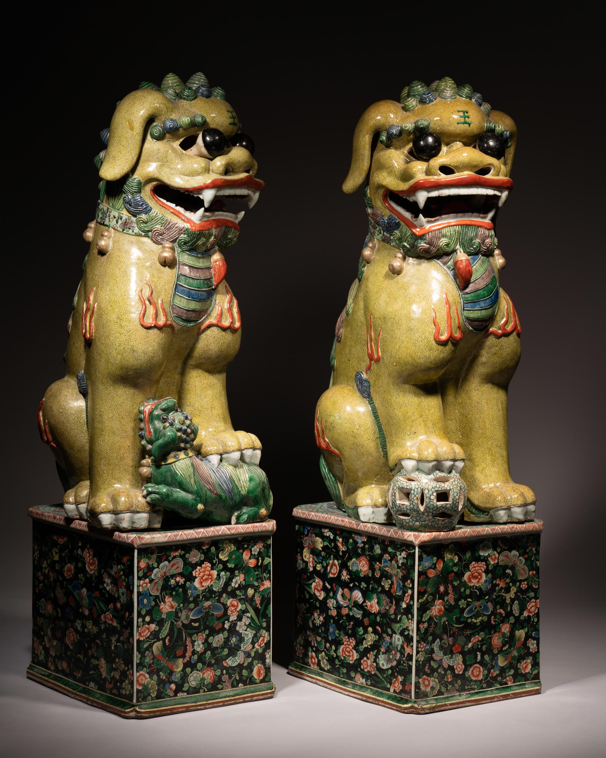 A Large Pair of Chinese Famille Verte Porcelain Figures of Fu Lions