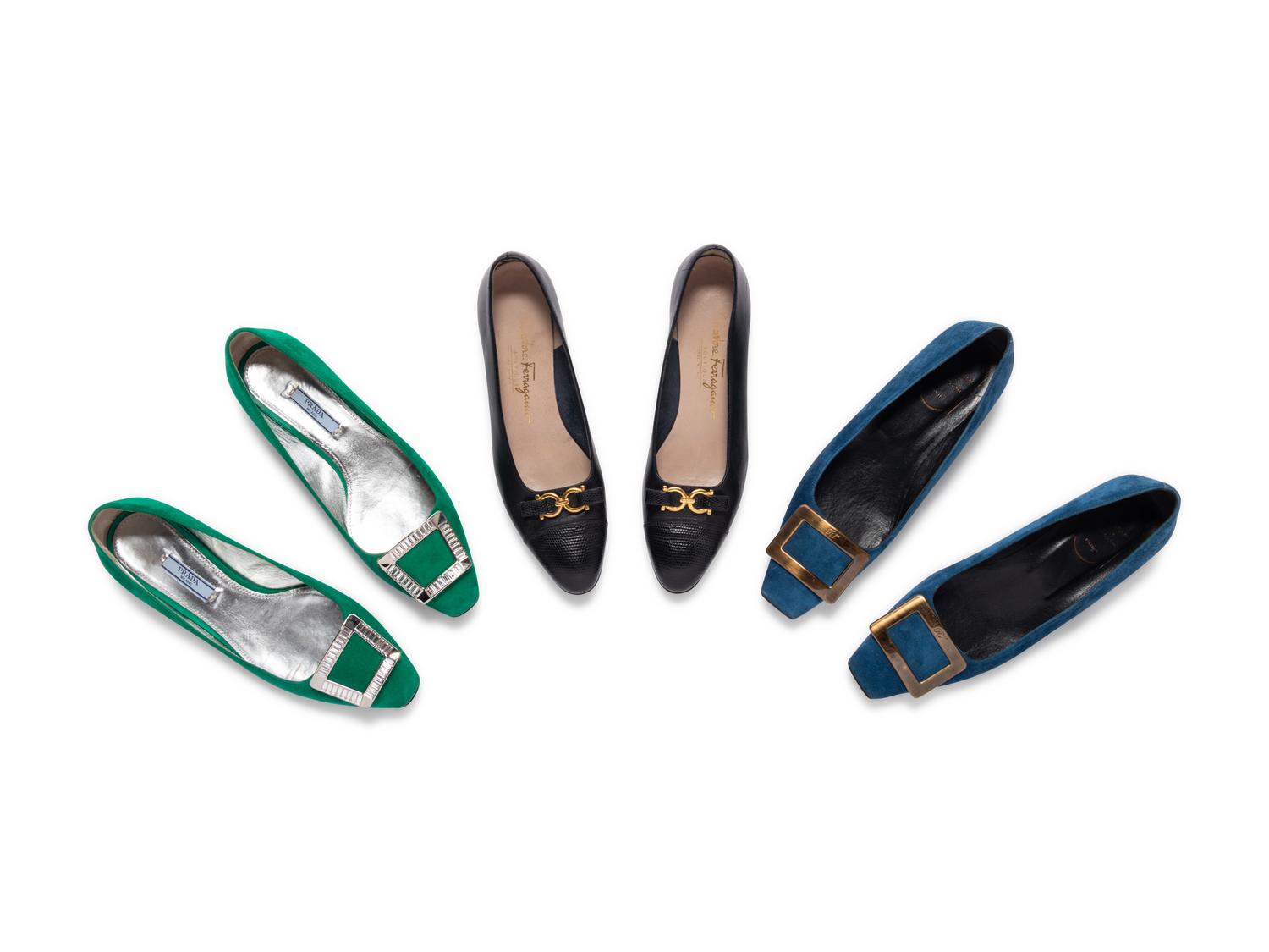 Three Pairs of Designer Shoes; One Roger Vivier, One Prada, One Salvatore Ferragamo, 2000-2010s