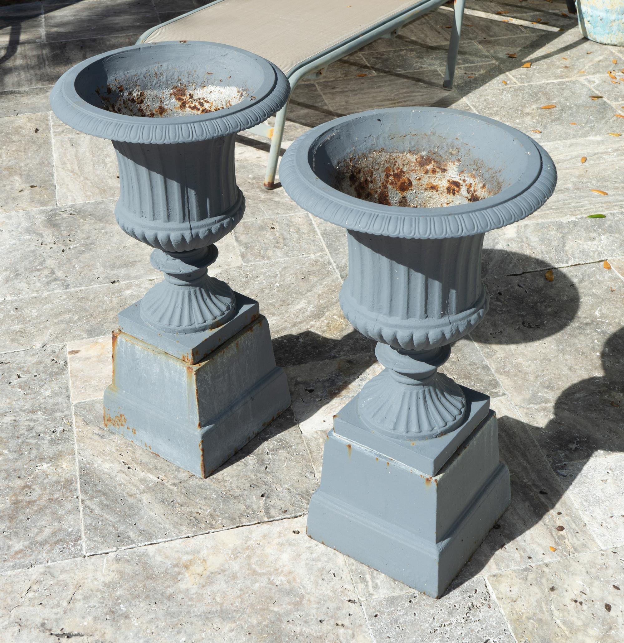 A Pair of Cast Iron Campana-form Jardinieres on Pedestals