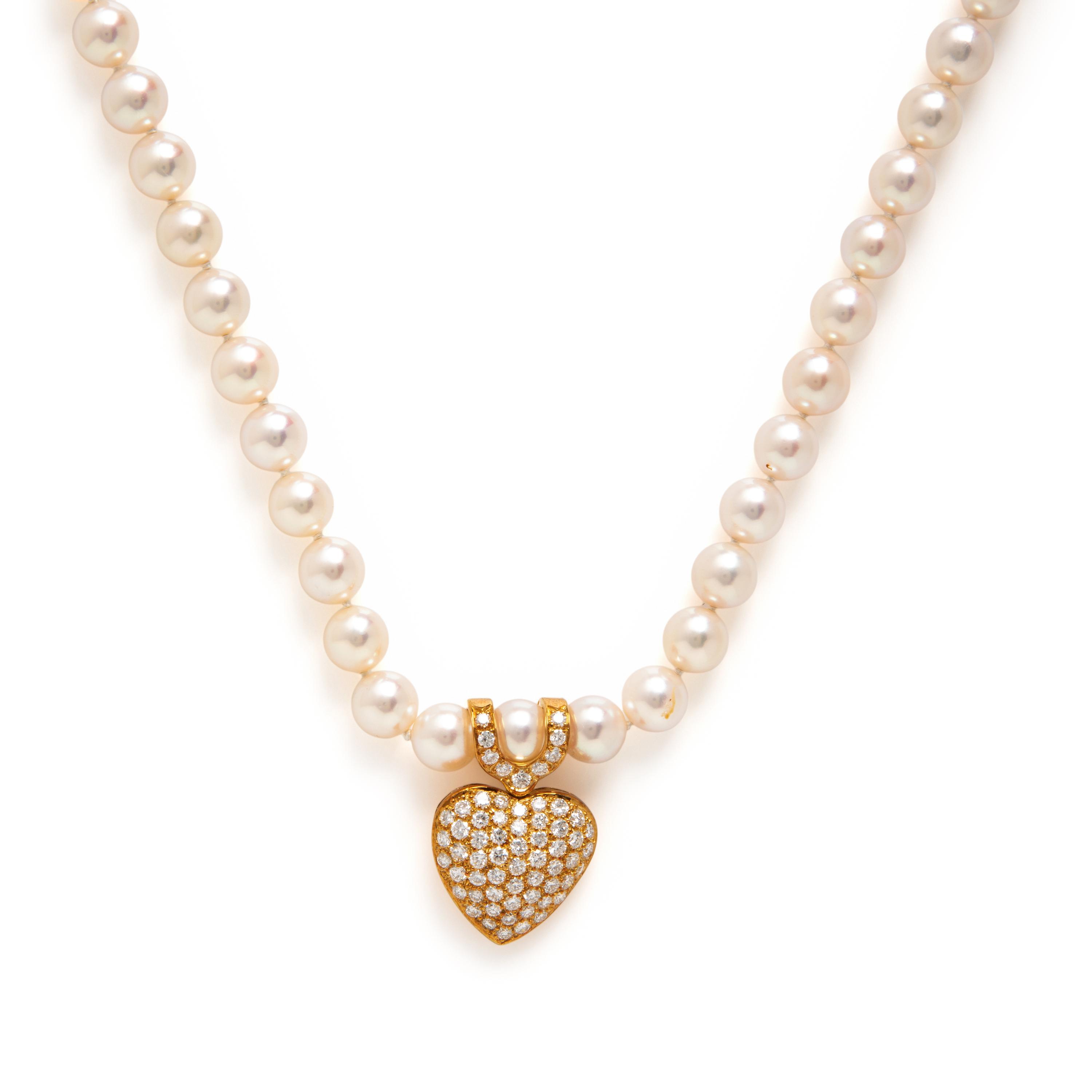 Cultured Pearl, Diamond, and Yellow Gold Necklace