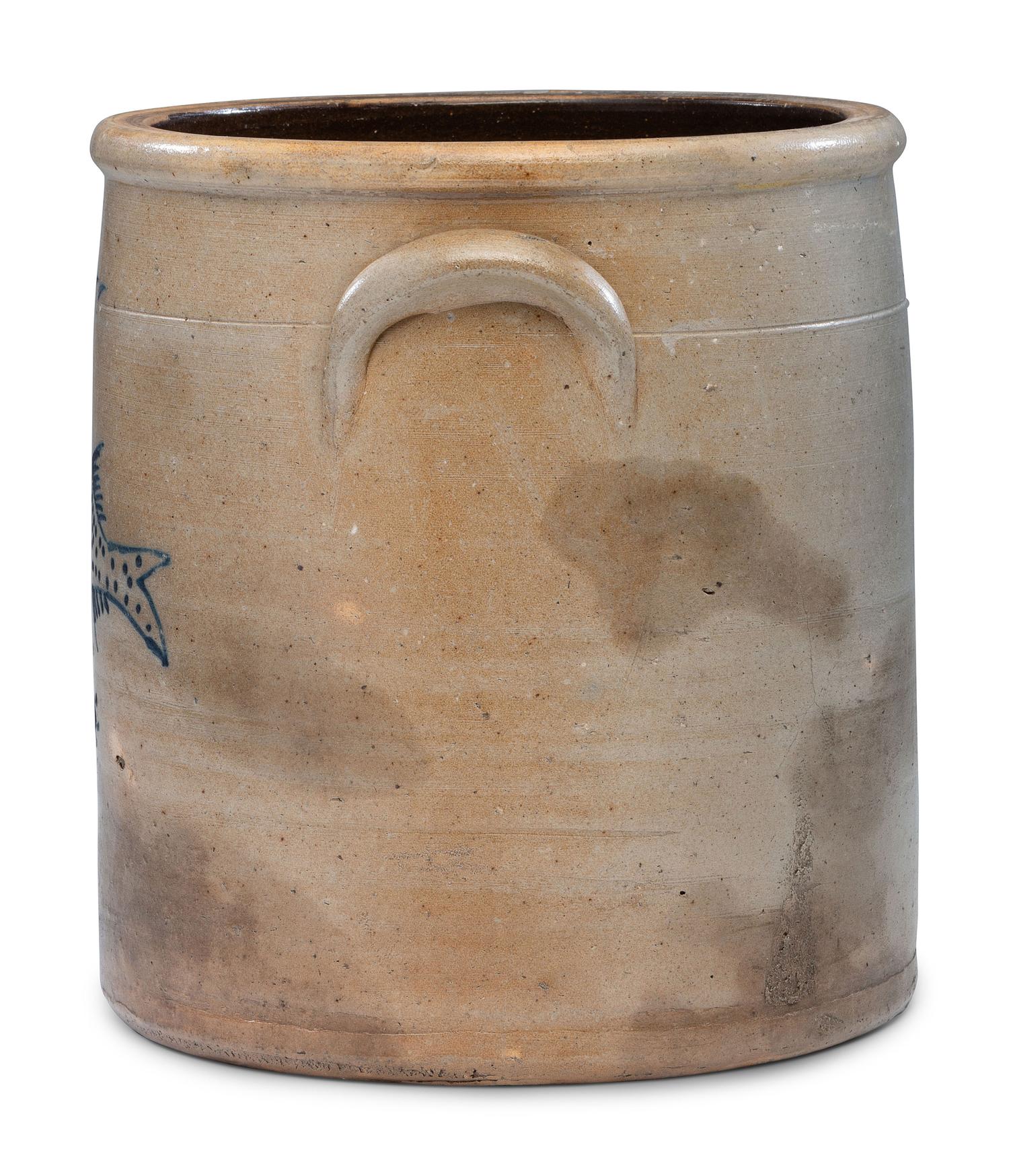 A P. H. Smith Three-Gallon Cobalt Decorated Stoneware 'Fish' Crock