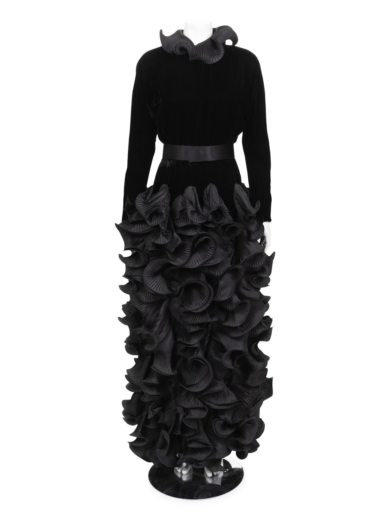 Pierre Cardin Haute Couture Pleated Taffeta and Velvet Dress, Fall/Winter 1985