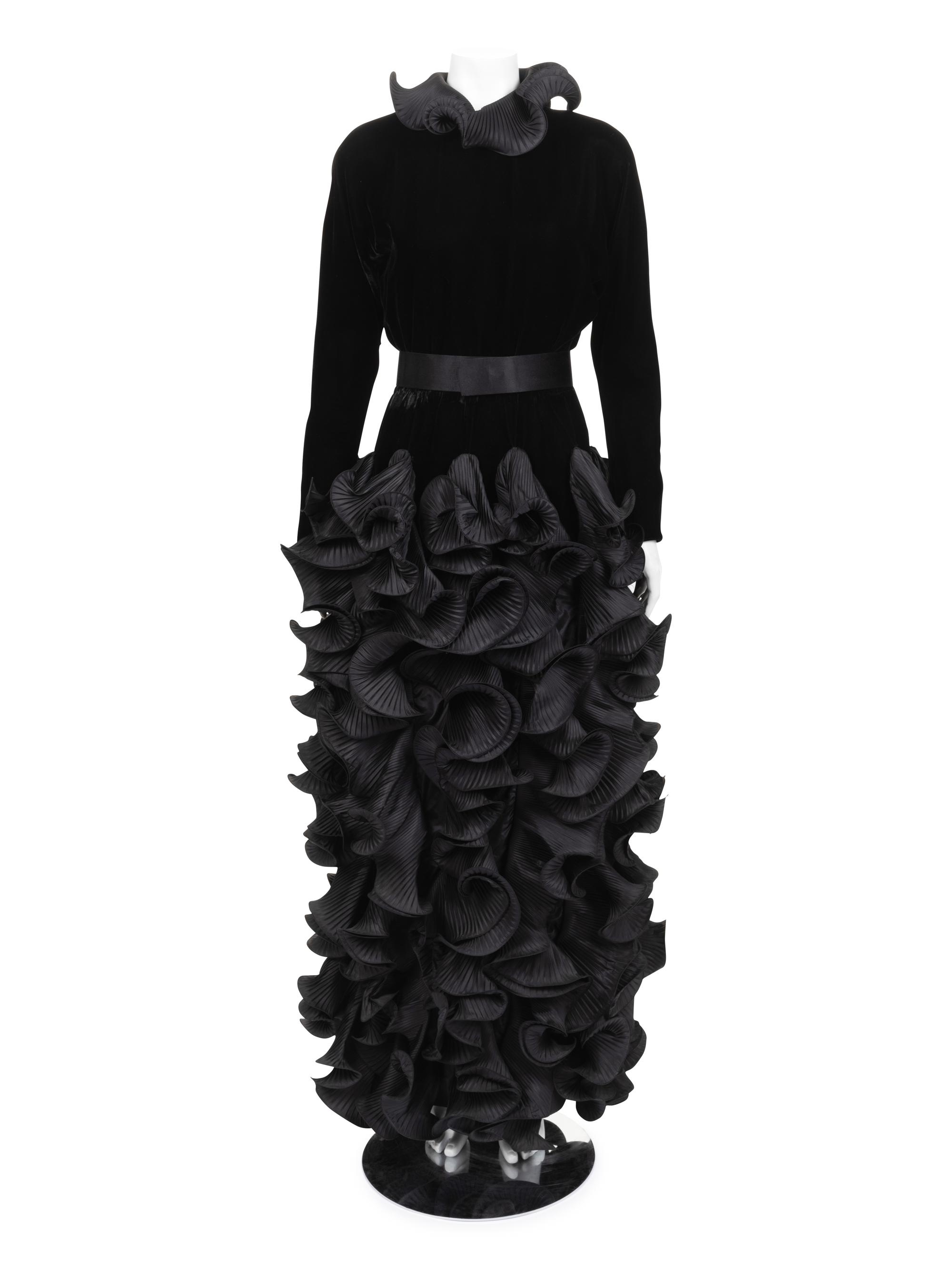 Pierre Cardin Haute Couture Pleated Taffeta and Velvet Dress, Fall/Winter 1985