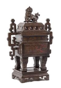A Massive Silver Inlaid and Polychrome Bronze Censer LIKELY EARLY 20TH CENTURY Height of censer without stand 28 inches. — LIKELY EARLY 20TH CENTURY