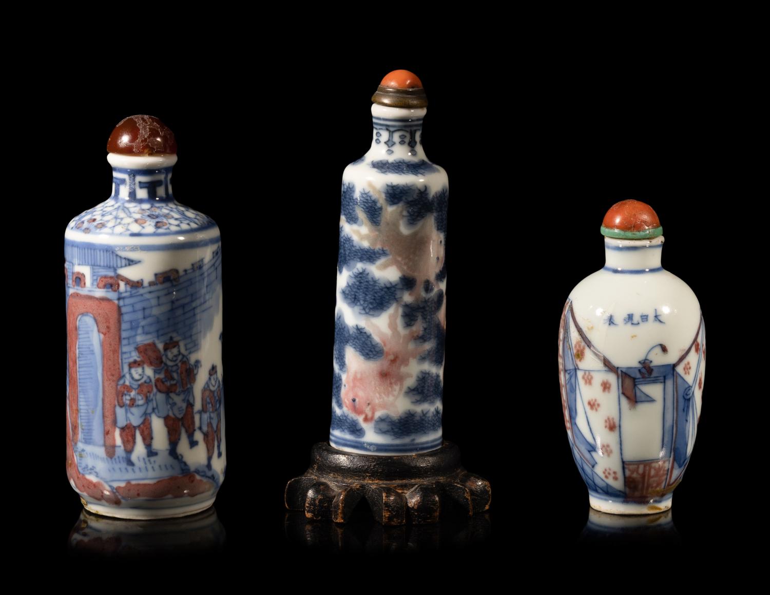Three Chinese Copper Red and Underglaze Blue Porcelain Snuff Bottles