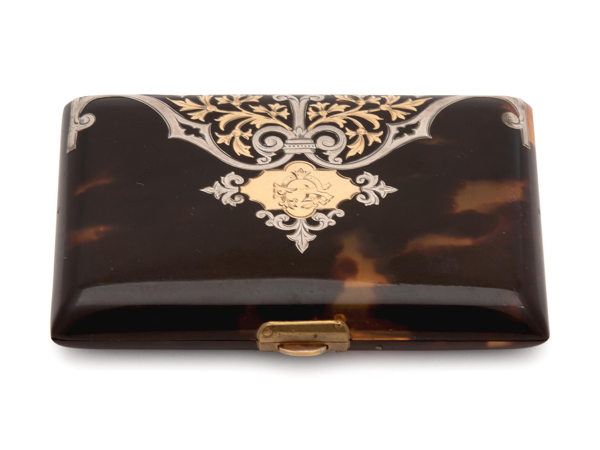 A 9K Yellow Gold and Silver Inlaid Tortoiseshell Card Case and Aide Memoire