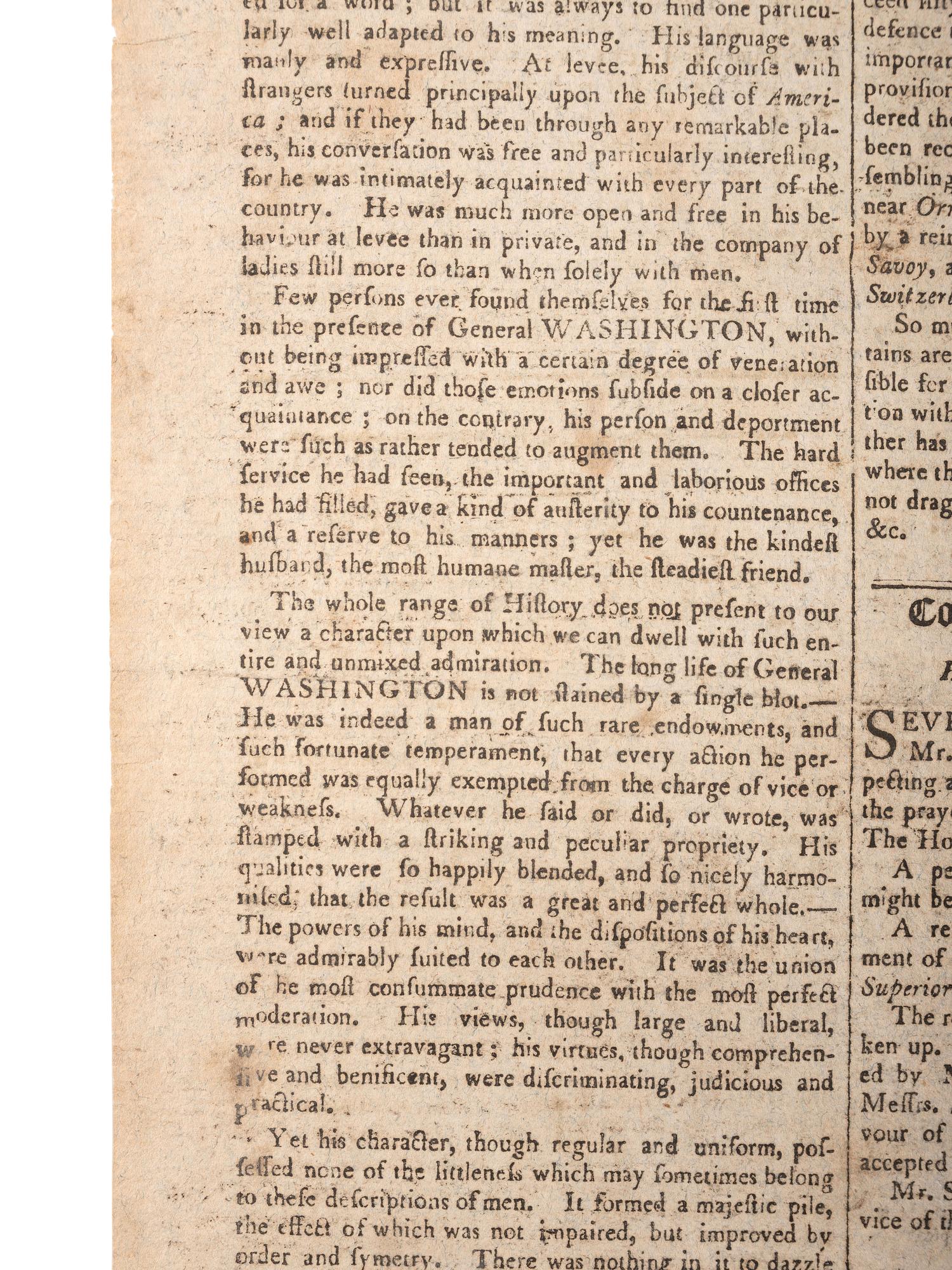 [WASHINGTON, George (1732-1799)]. The Columbian Centinel . Vol. XXXIII, No. 11. Boston, MA: Benjamin Russell, 9 April 1800.
