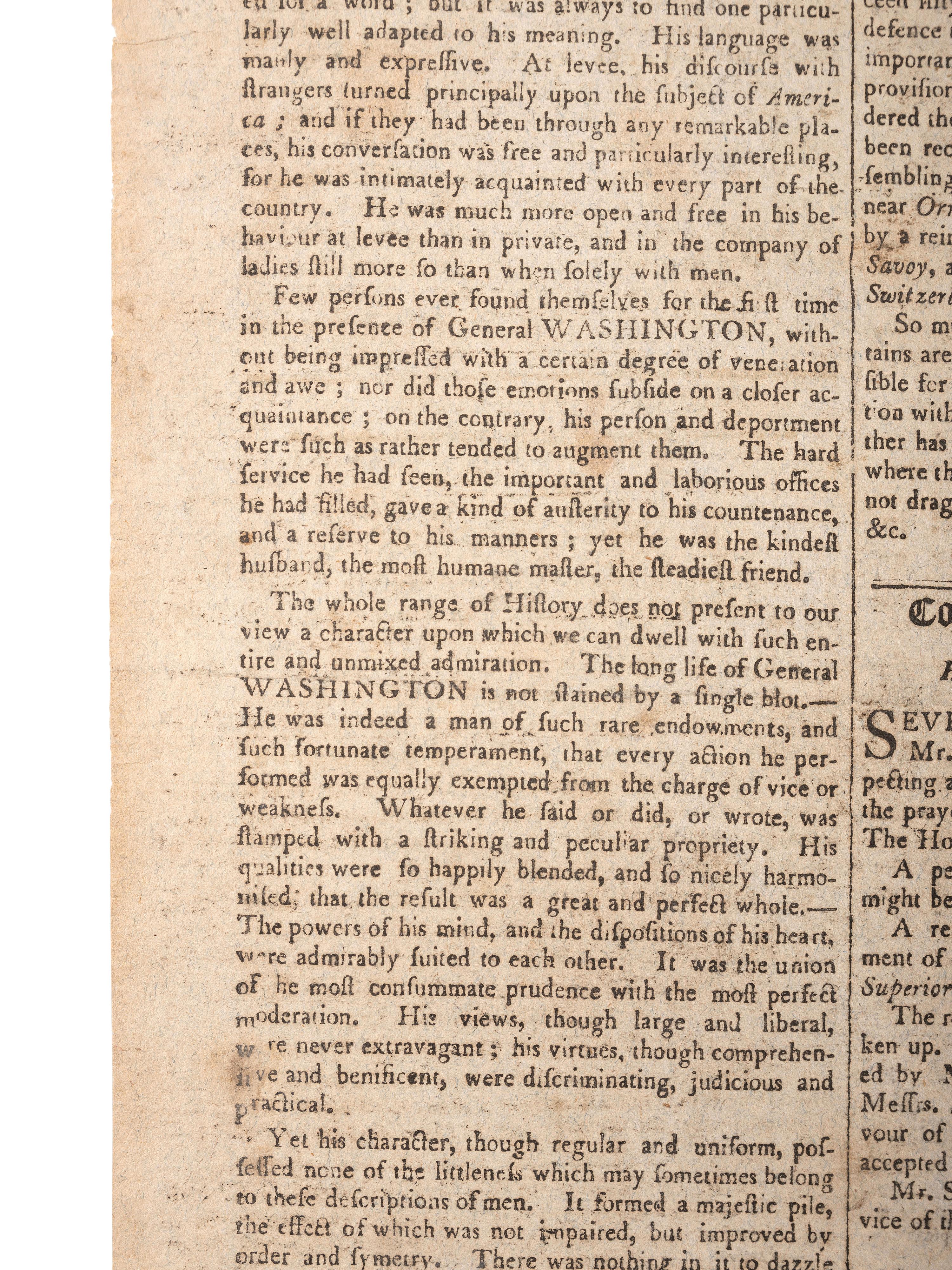 [WASHINGTON, George (1732-1799)]. The Columbian Centinel . Vol. XXXIII, No. 11. Boston, MA: Benjamin Russell, 9 April 1800.