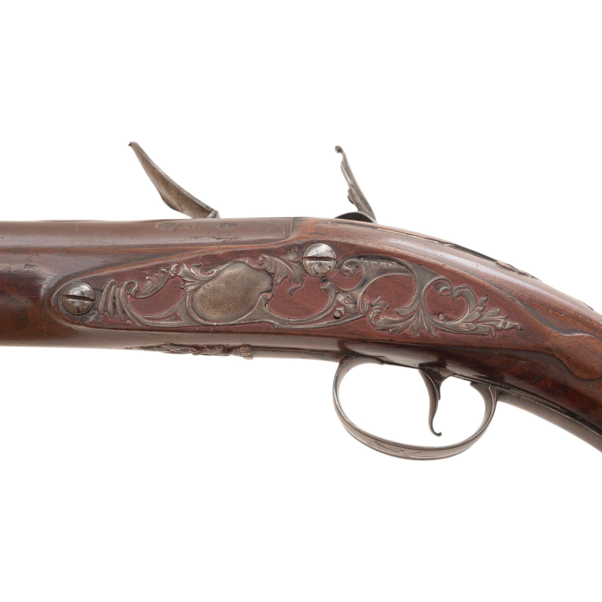 Pair of Silver Mounted English Flintlock Holster Pistols by Barbar