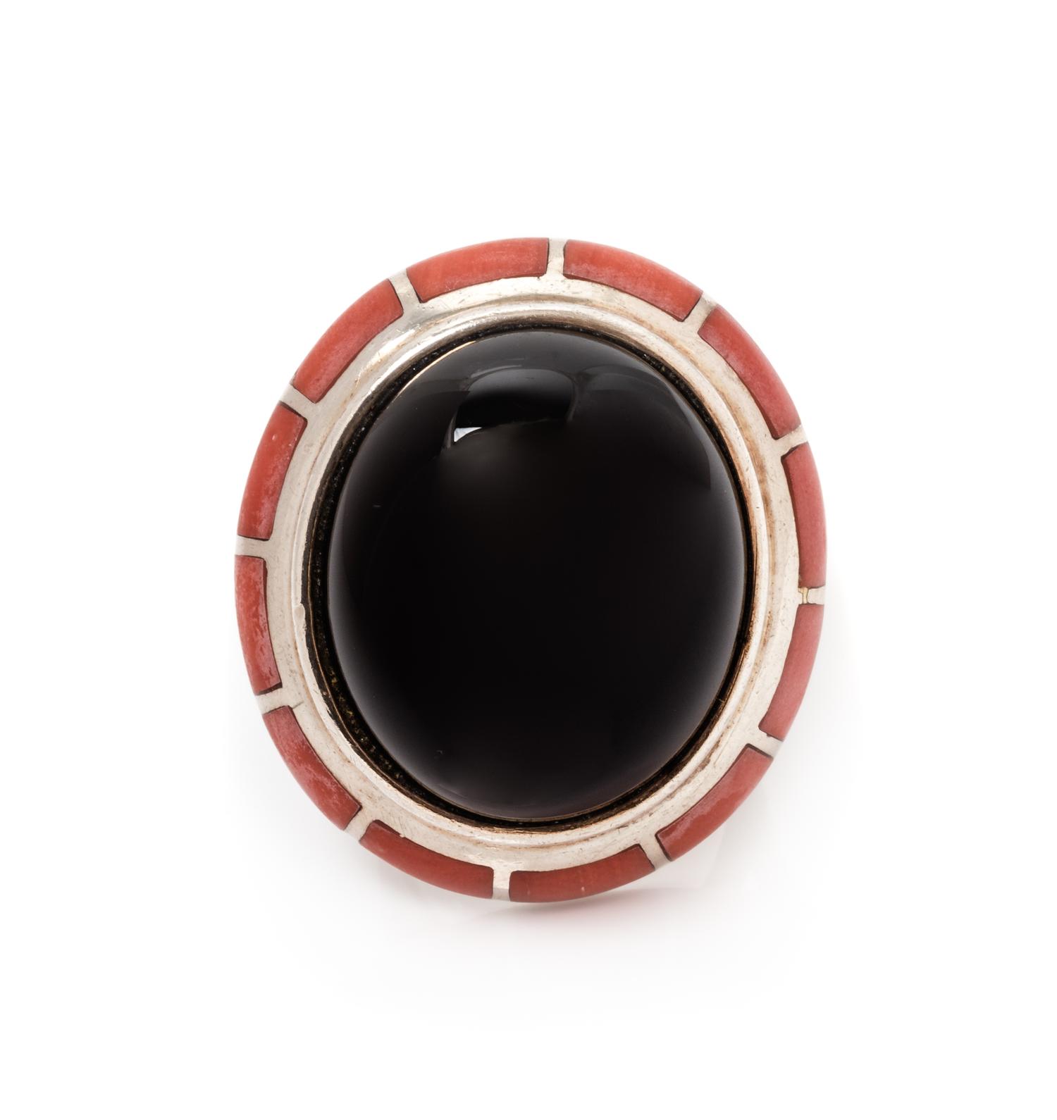A Sterling Silver, Onyx and Coral 'Soleil Noir' Ring, Erte, 12.75 dwts.