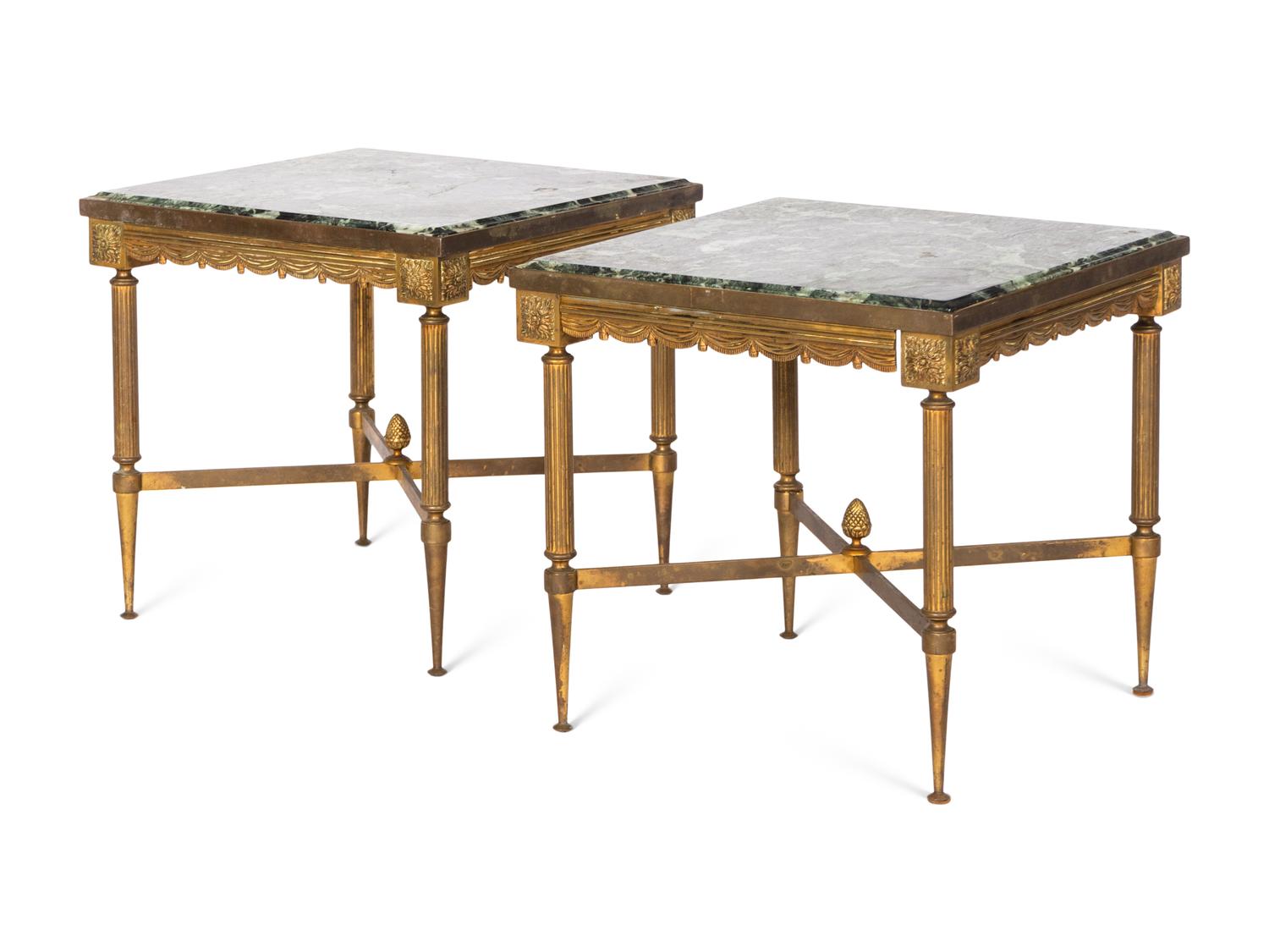 A Pair of French Gilt Metal Side Tables with Verde Marble Tops