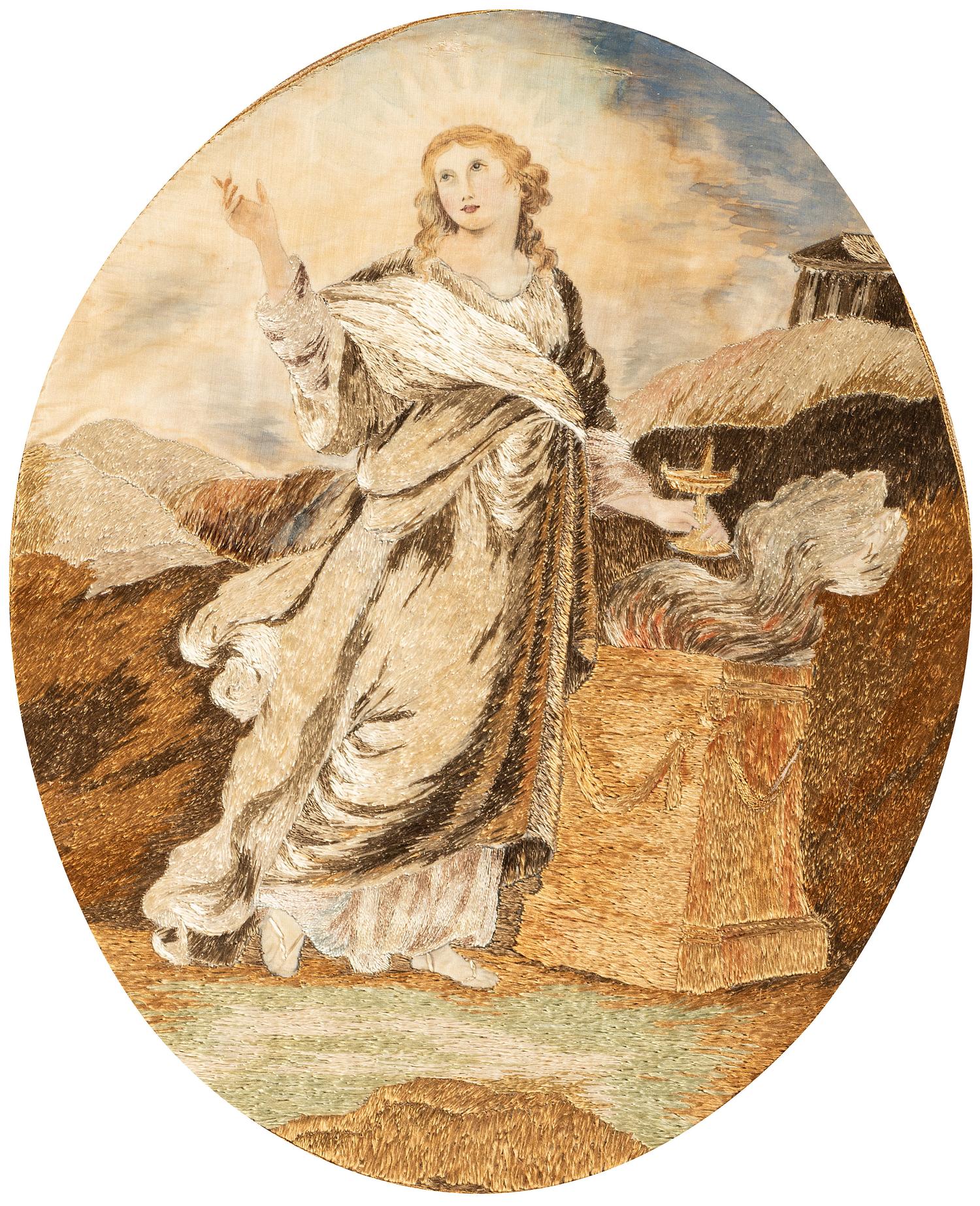 A Pair of Needlework Embroidered Pictures, Wrought by Sara Caroline Scovin