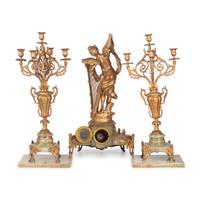 A Neoclassical Gilt Metal and Onyx Clock Garniture