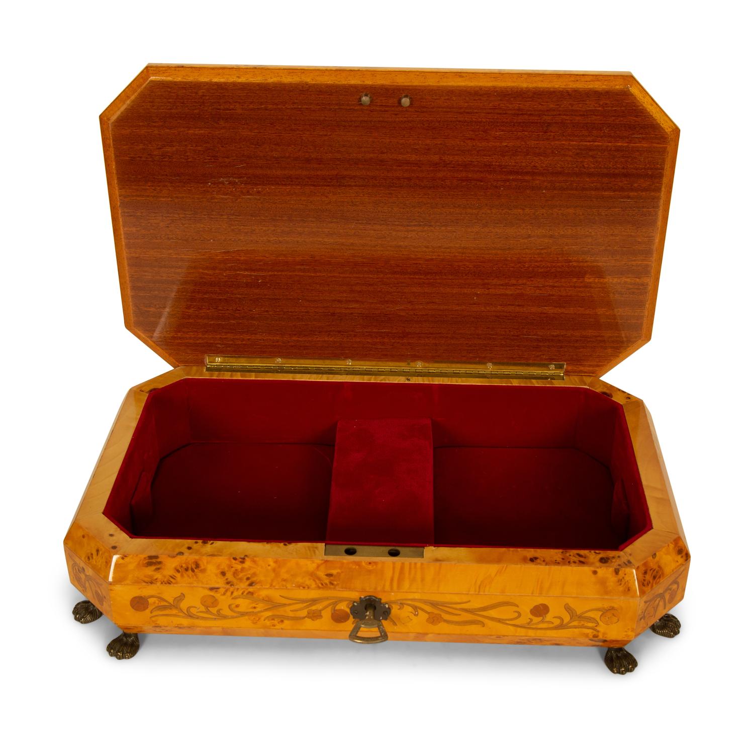 An Italian Burlwood and Marquetry Musical Jewelry Box