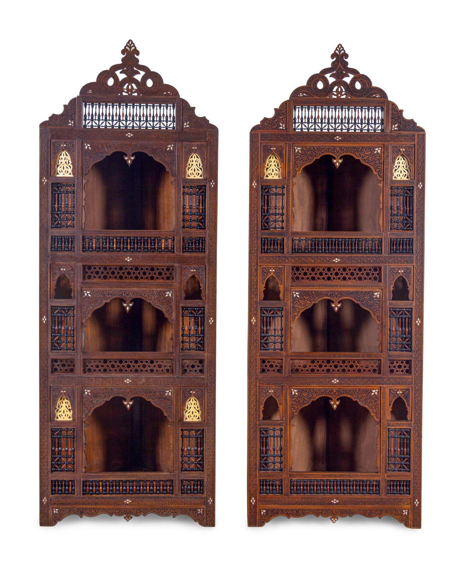A Pair of Syrian Mother-of-Pearl Inlaid Corner Cabinets
