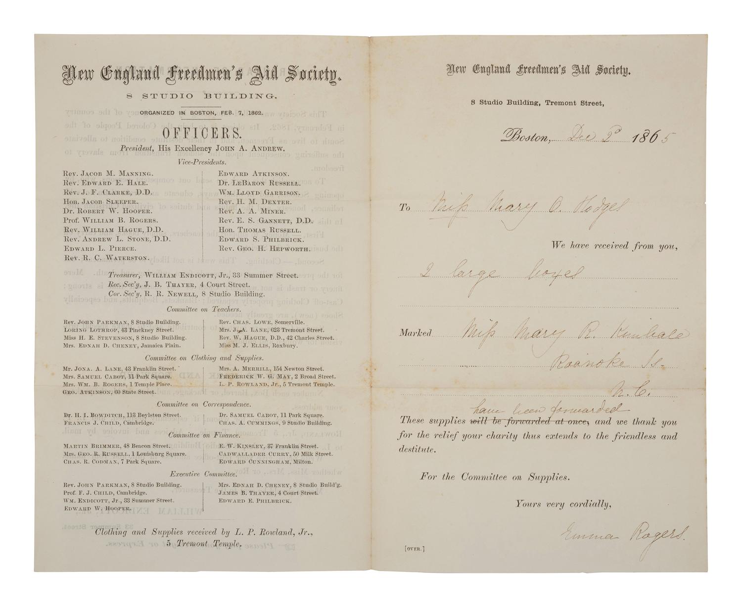 [ENSLAVEMENT & ABOLITION]. Circular of Information for the New England Freedmen's Aid Society. Boston, MA, 2 December 1865.
