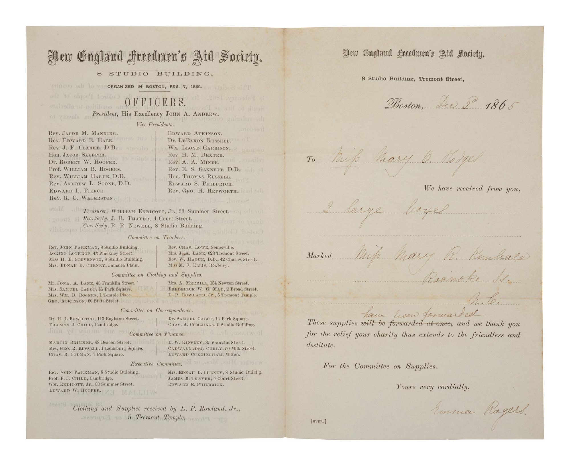 [ENSLAVEMENT & ABOLITION]. Circular of Information for the New England Freedmen's Aid Society. Boston, MA, 2 December 1865.