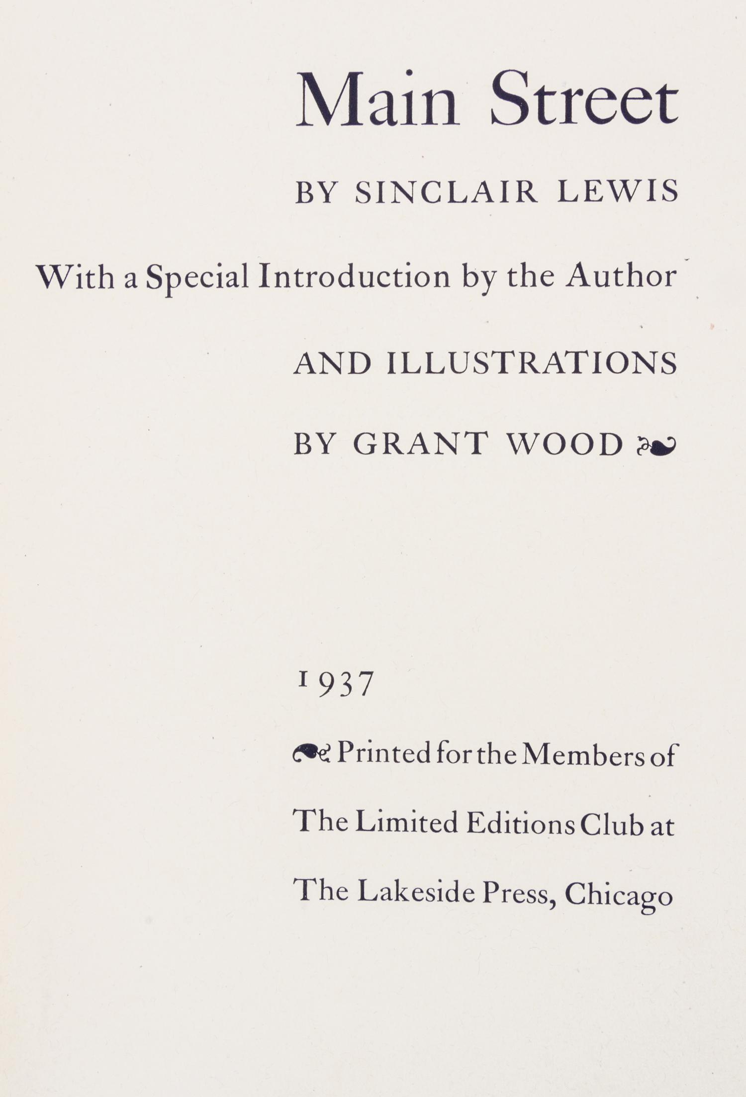 LEWIS, SINCLAIR. Main Street. Chicago, 1937. Limited edition.