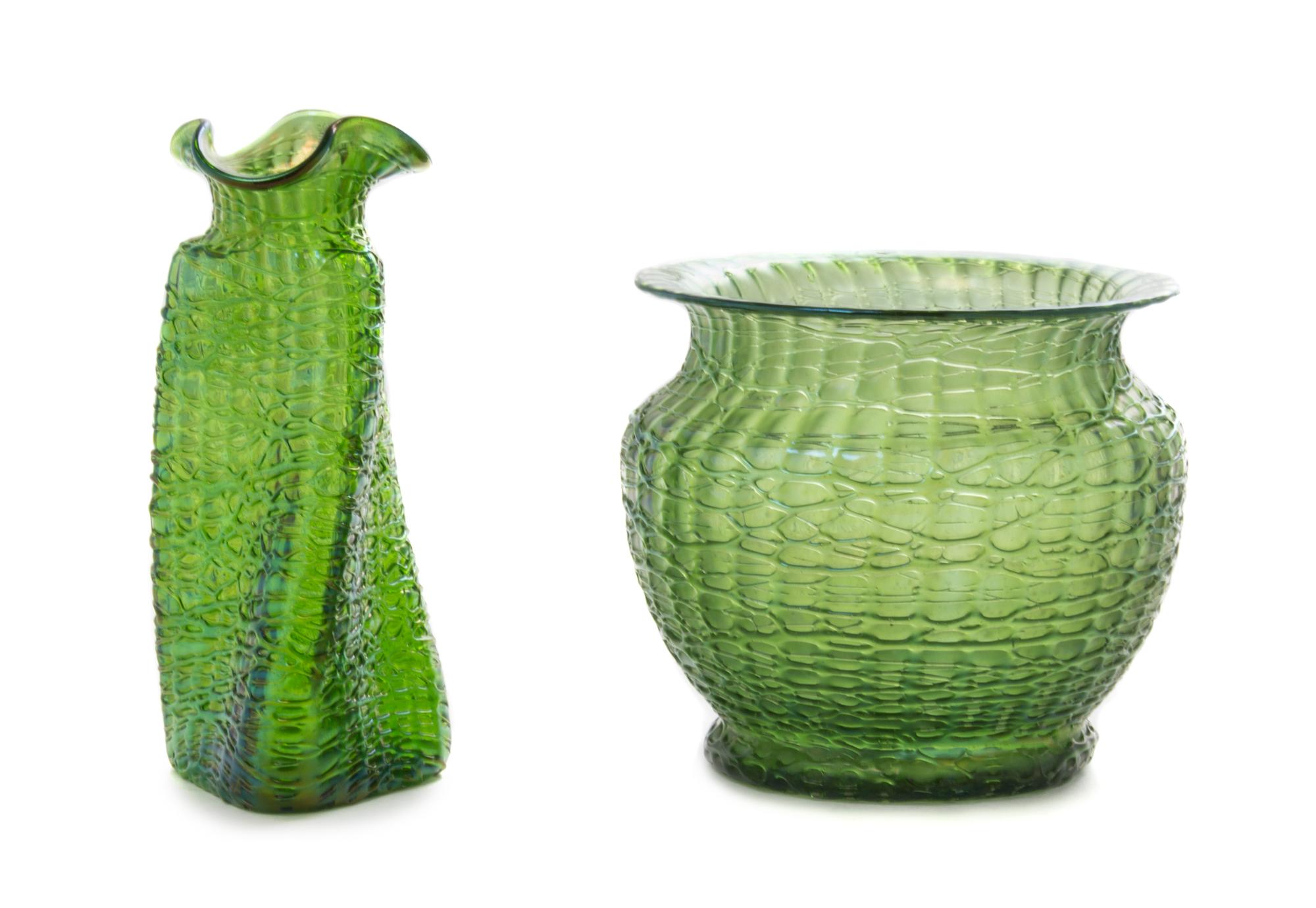 Two Austrian Iridescent Glass Vases Height of first 4 5/8 inches.