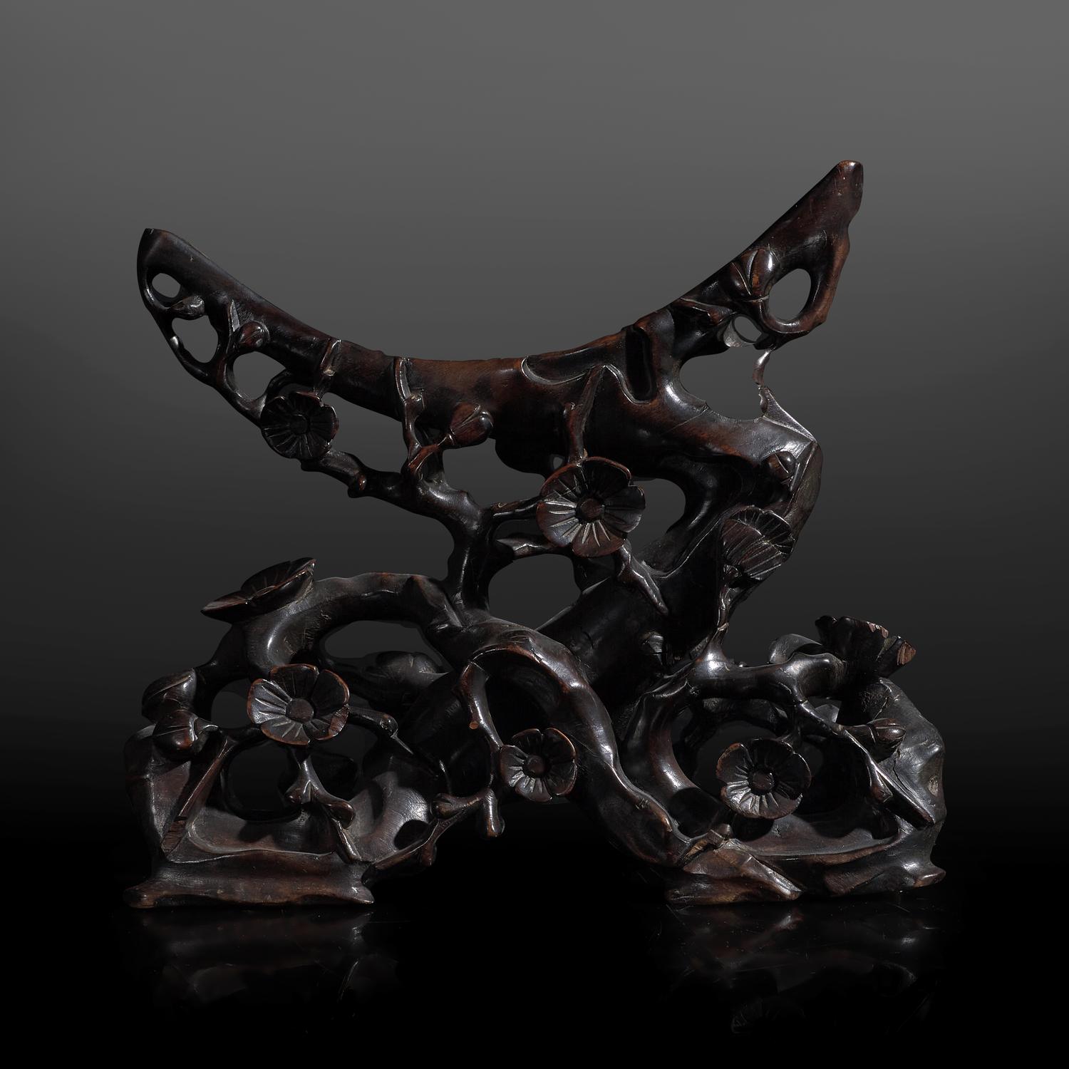 A Chinese Carved and Stained Wood Stand, Late Qing-Republic Period 晚清民國 梅花紋木座