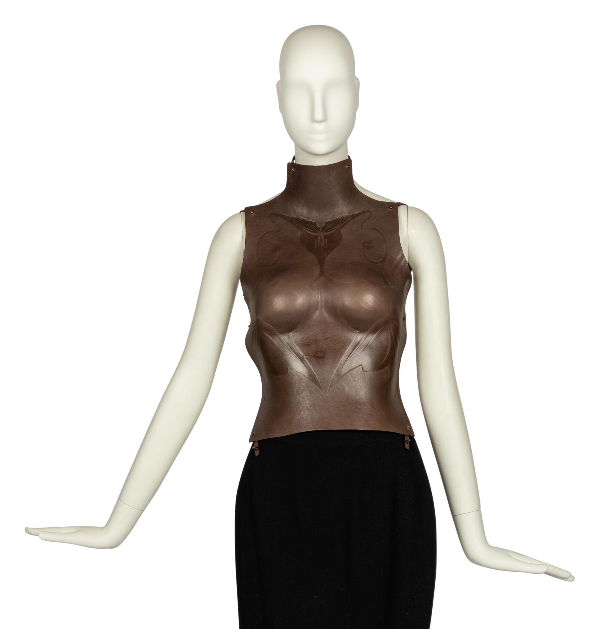 Issey Miyake Brown Leather Bustier With Tooled Art Nouveau-Like Design, F/W 2006