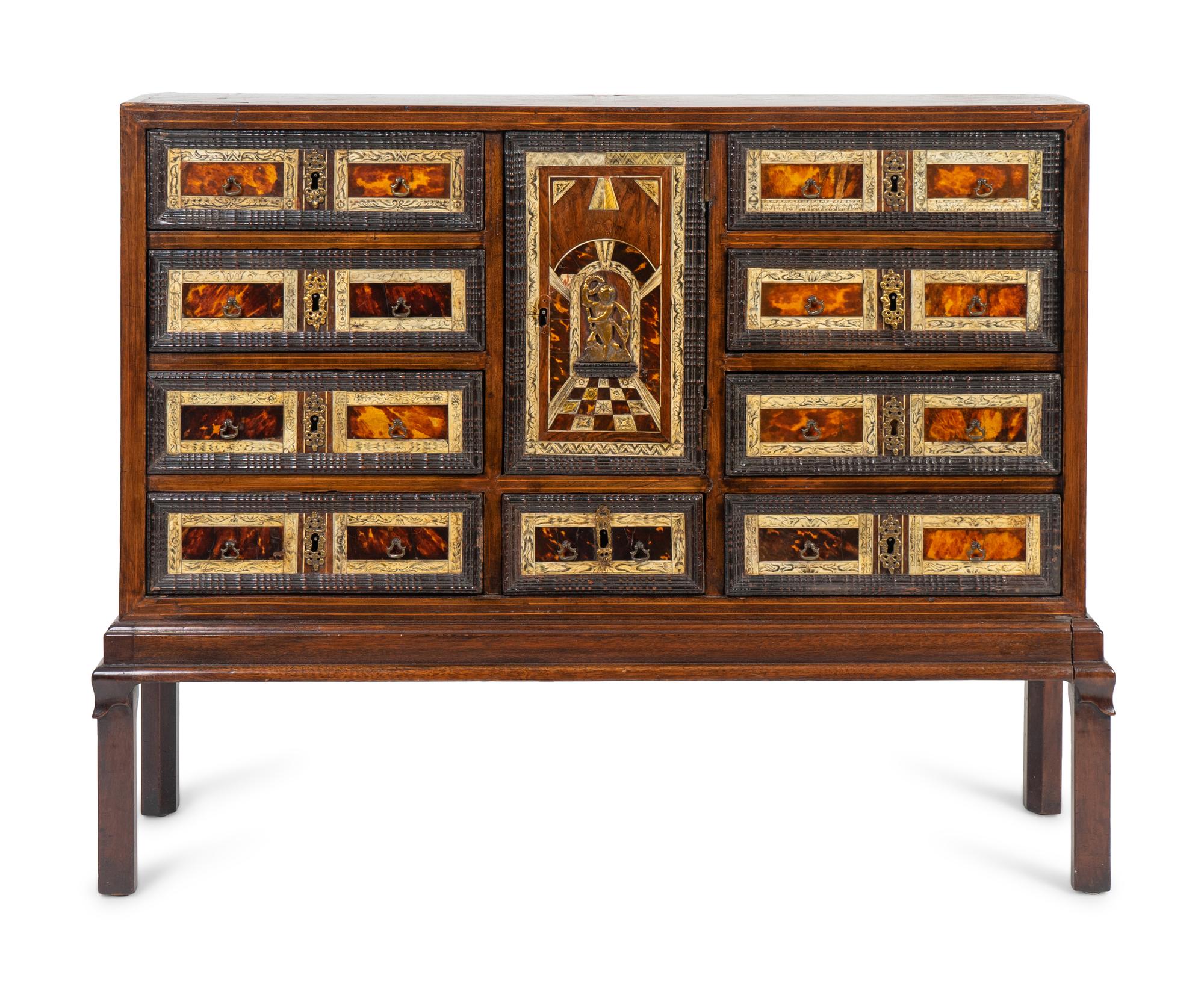 An Italian Inlaid Walnut and Mahogany Cabinet on Later Stand — 19TH CENTURY