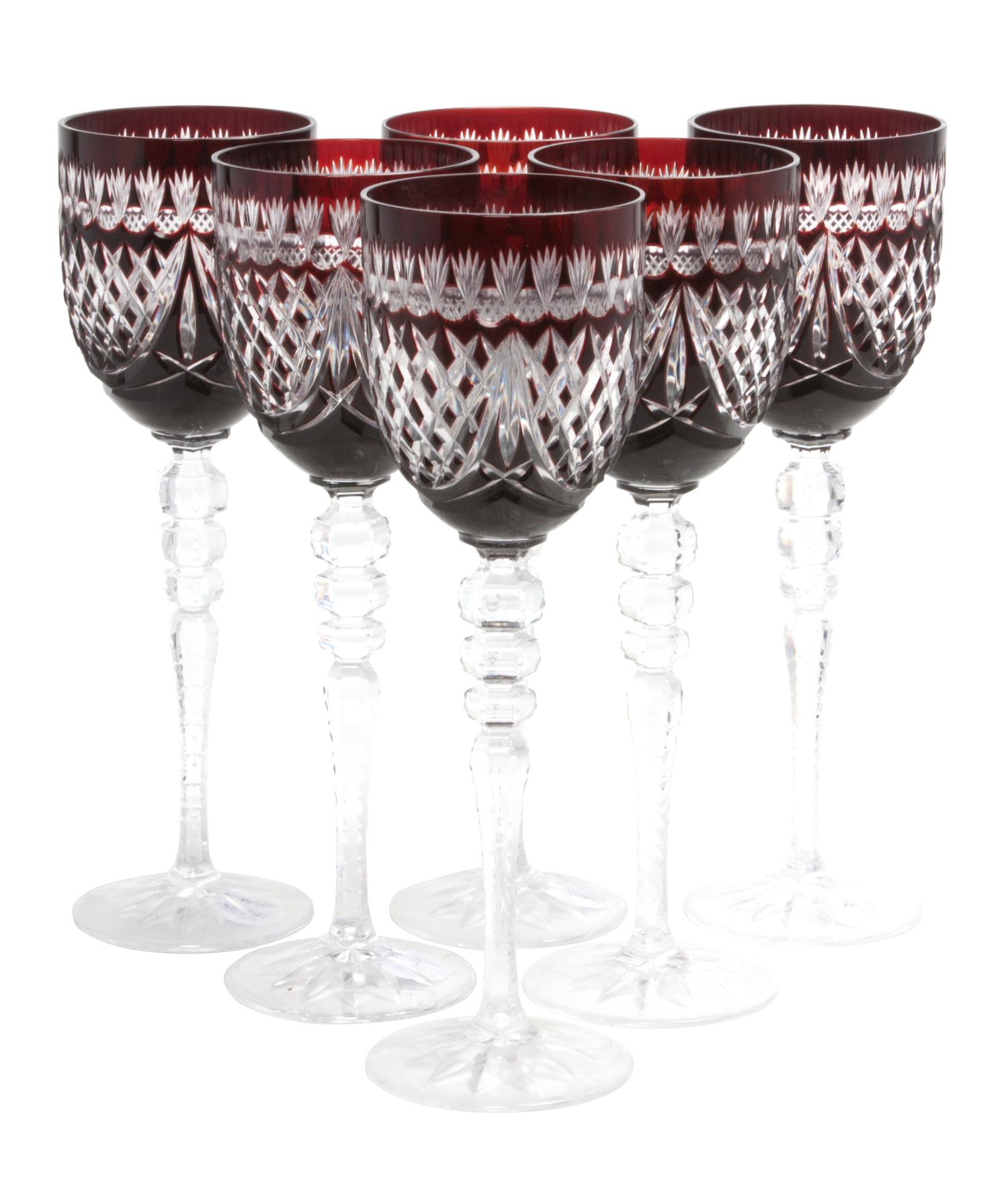 A Set of Six Bohemian Ruby Cut to Clear Glass Goblets. Height 9 3/4 inches.